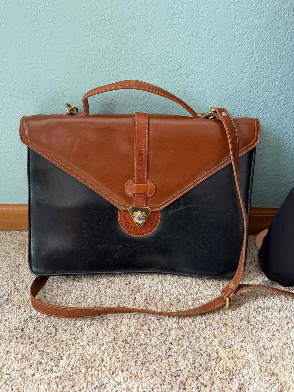 Moda Italiana Vintage Two-Tone Black and Brown Leather Briefcase Messenger Bag